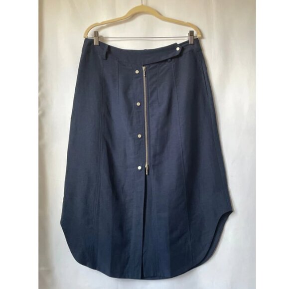 Tristan A-Line Midi Skirt 12 Blue Tencel Linen Button Full Zip Asymmetric Hem - Picture 9 of 9